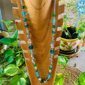 Vintage Glass Beaded Necklace ⭐️ Silver Green Blue STEPHAN & CO UNIQUE 1980s